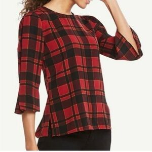 Ann Taylor factory red plaid tartan bell sleeve blouse XL